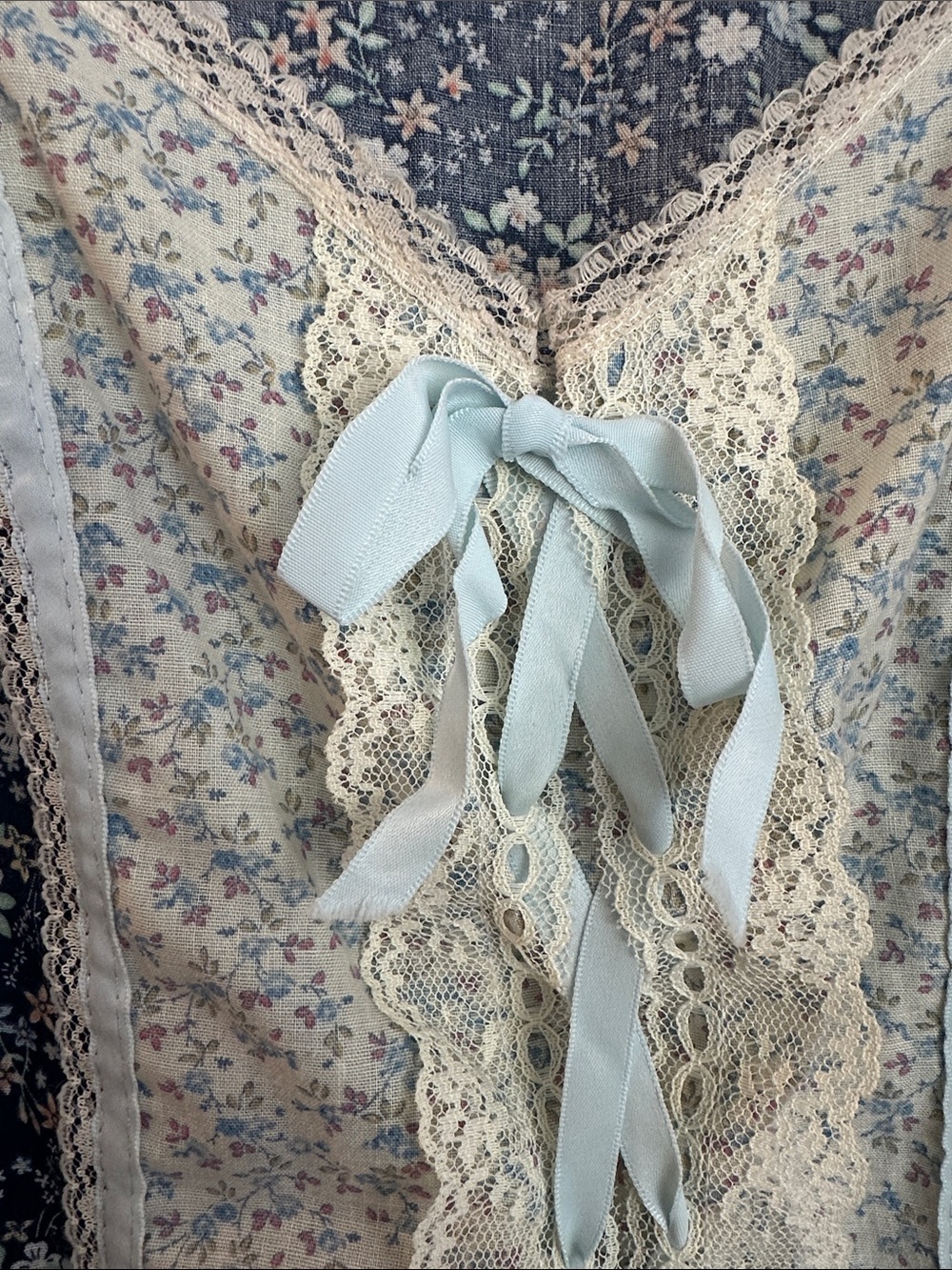 Vintage Gunne Sax Prairie Maxi Dress | Navy Floral | Lace + Ribbon Detail - Picture 2 of 2